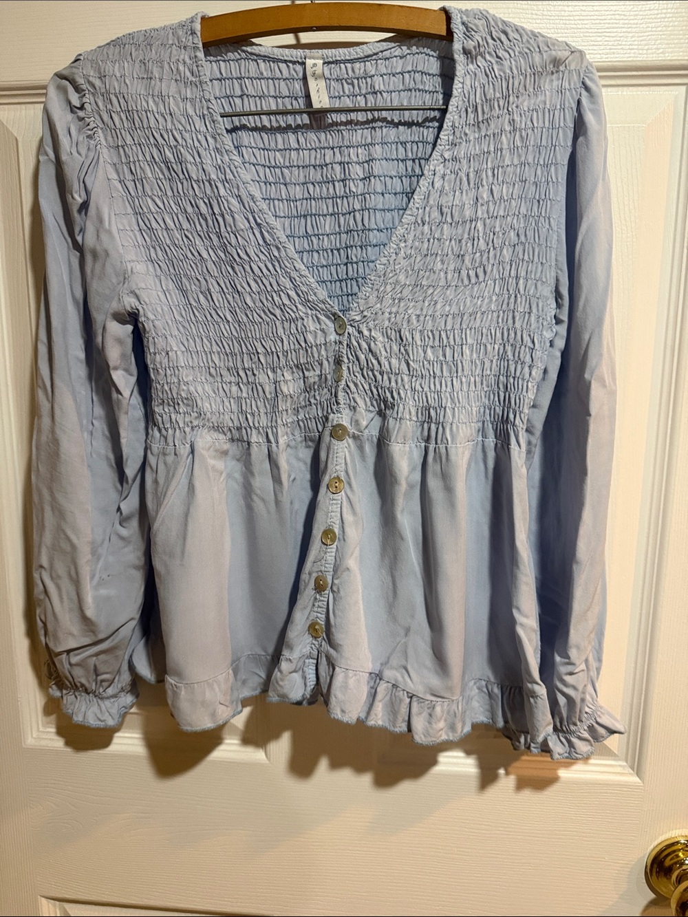 Light Blue Smocked V-Neck Button-Front Women's Top